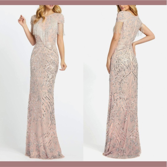 NWT $598 MAC DUGGAL [ 10 ] Embellished Fringe‎ Cap Sleeve Gown Platinum Pink - Picture 2 of 16